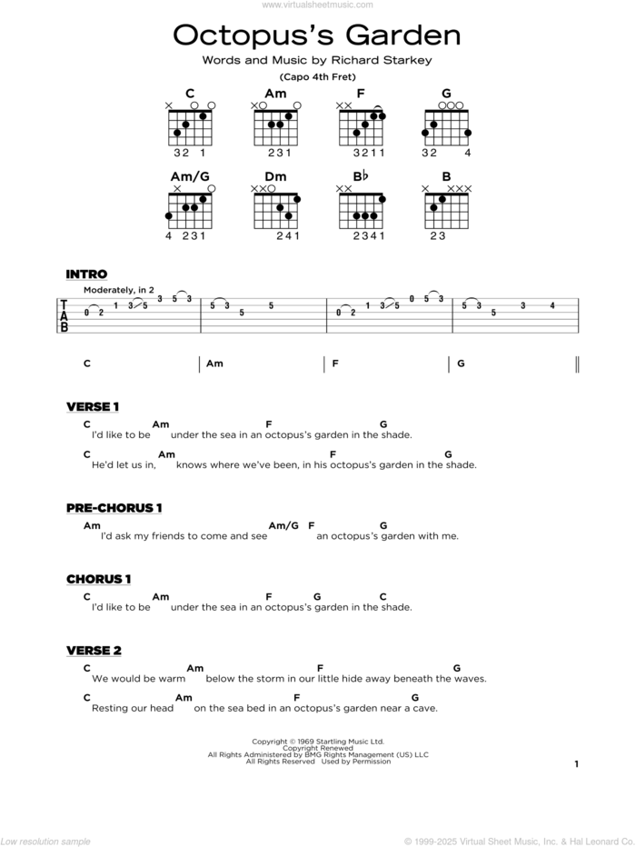 Octopus's Garden sheet music for guitar solo by The Beatles and Richard Starkey, beginner skill level