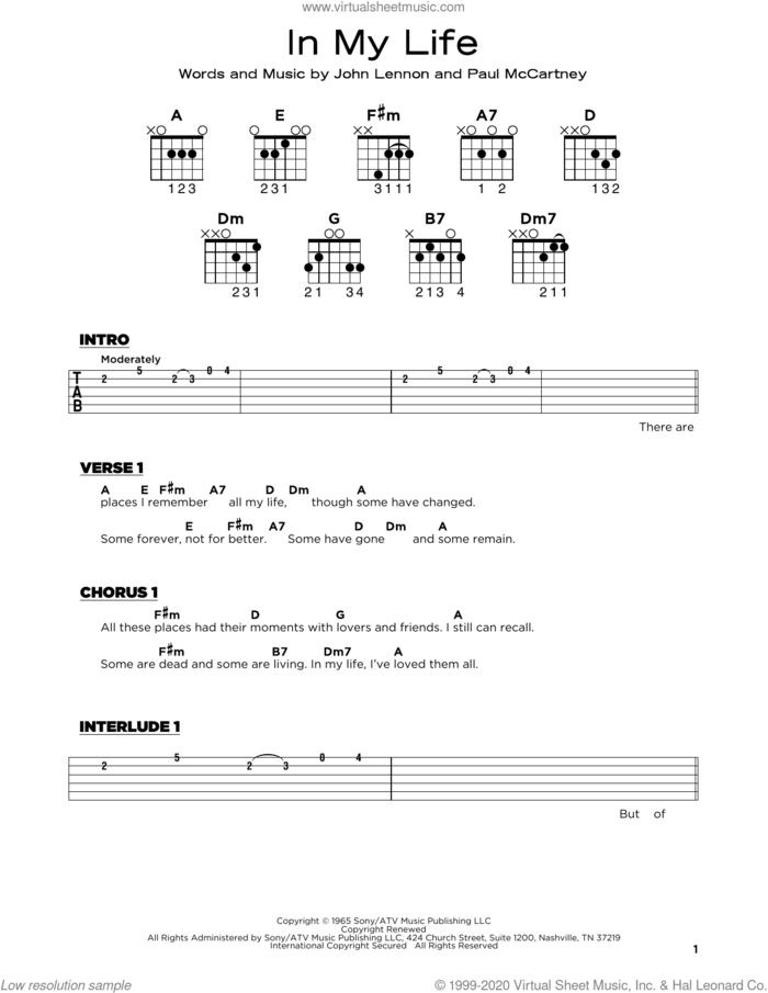 In My Life, (beginner) sheet music for guitar solo by The Beatles, John Lennon and Paul McCartney, wedding score, beginner skill level