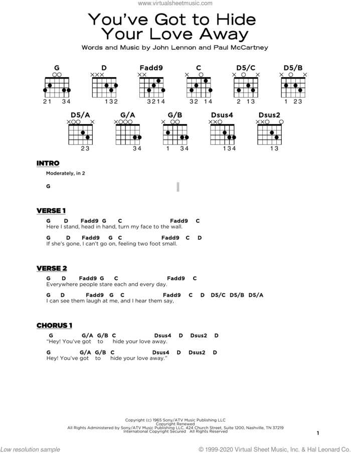 You've Got To Hide Your Love Away sheet music for guitar solo by The Beatles, John Lennon and Paul McCartney, beginner skill level