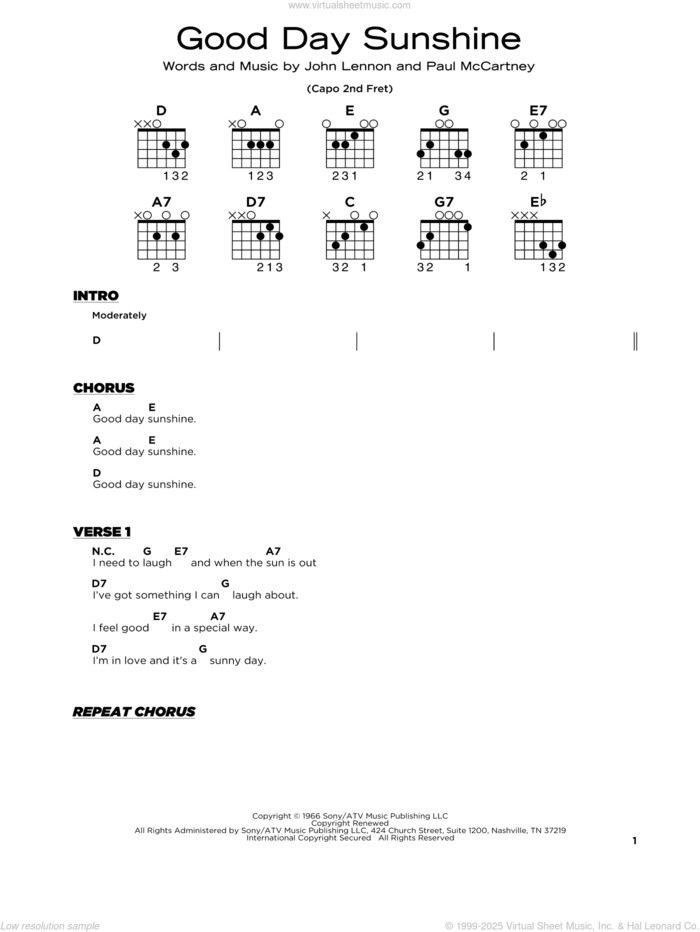 Good Day Sunshine sheet music for guitar solo by The Beatles, John Lennon and Paul McCartney, beginner skill level