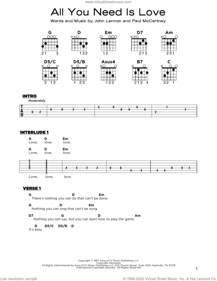 All You Need Is Love, (beginner) sheet music for guitar solo by The Beatles, John Lennon and Paul McCartney, wedding score, beginner skill level