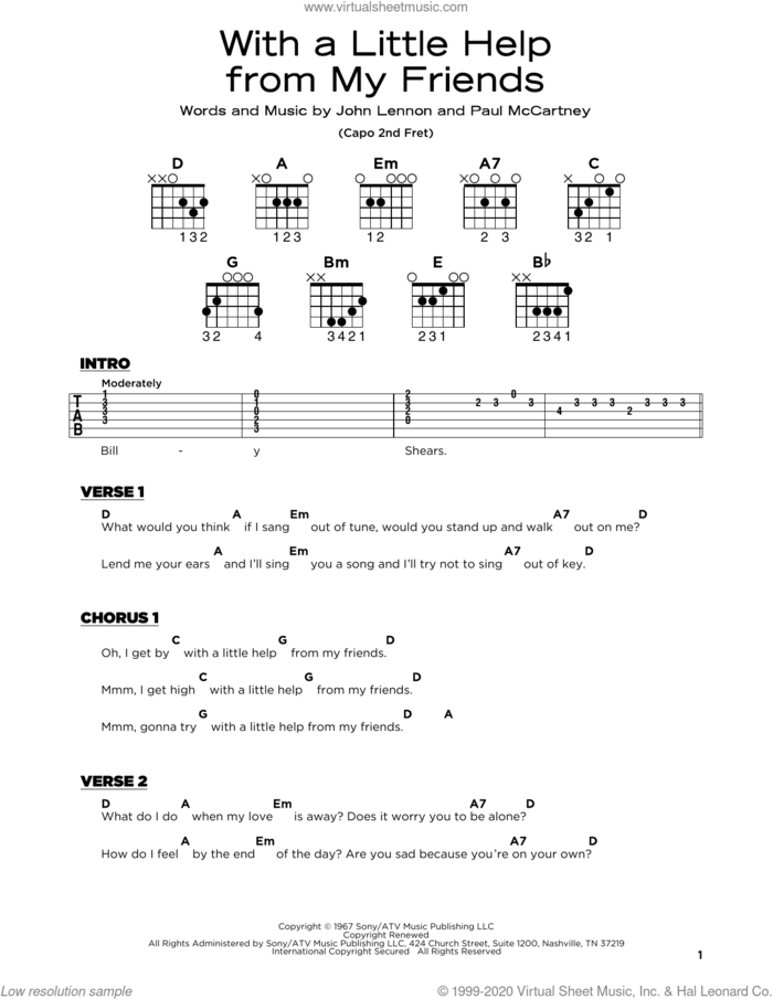 With A Little Help From My Friends sheet music for guitar solo by The Beatles, John Lennon and Paul McCartney, beginner skill level