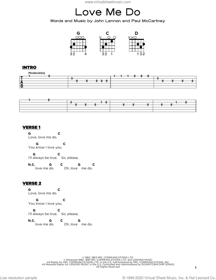 Love Me Do, (beginner) sheet music for guitar solo by The Beatles, John Lennon and Paul McCartney, beginner skill level