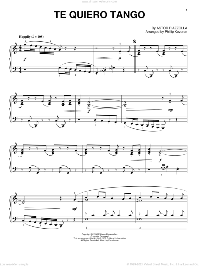 Te quiero tango (arr. Phillip Keveren) sheet music for piano solo by Astor Piazzolla and Phillip Keveren, intermediate skill level