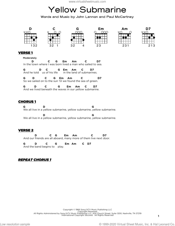 Yellow Submarine, (beginner) sheet music for guitar solo by The Beatles, John Lennon and Paul McCartney, beginner skill level