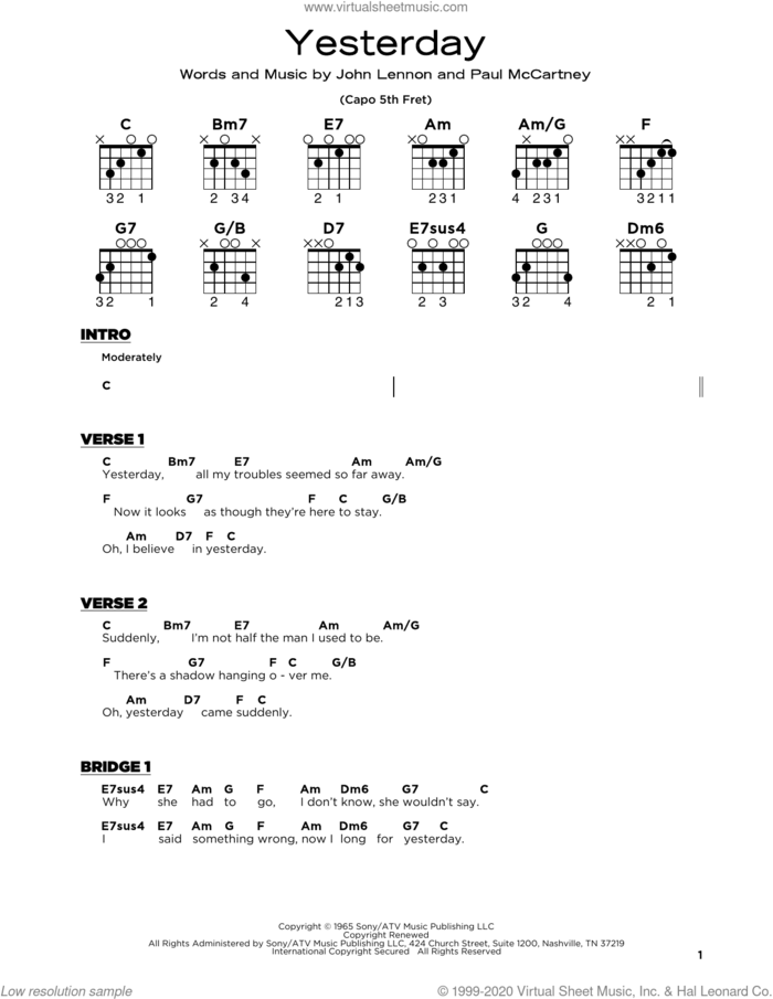 Yesterday, (beginner) sheet music for guitar solo by The Beatles, John Lennon and Paul McCartney, beginner skill level