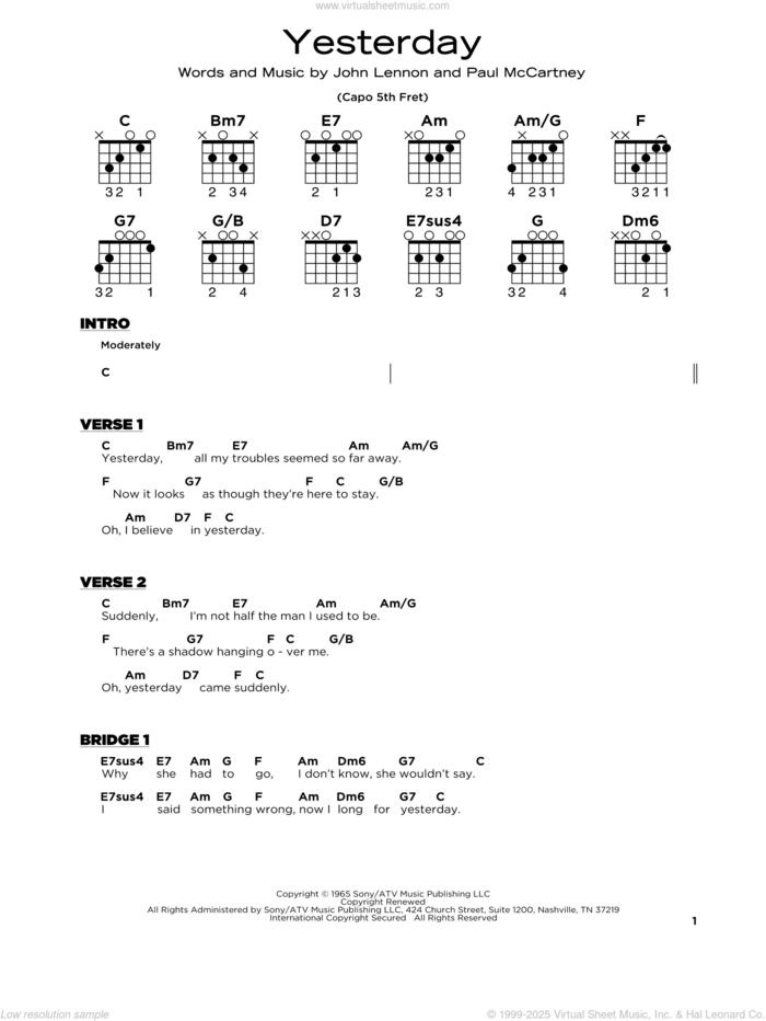 Yesterday, (beginner) sheet music for guitar solo by The Beatles, John Lennon and Paul McCartney, beginner skill level