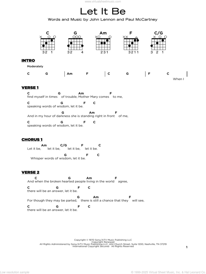 Let It Be, (beginner) sheet music for guitar solo by The Beatles, John Lennon and Paul McCartney, beginner skill level