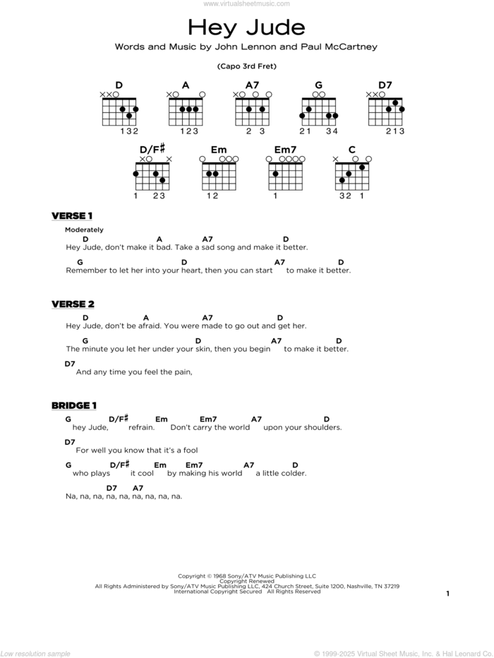 Hey Jude, (beginner) sheet music for guitar solo by The Beatles, John Lennon and Paul McCartney, beginner skill level