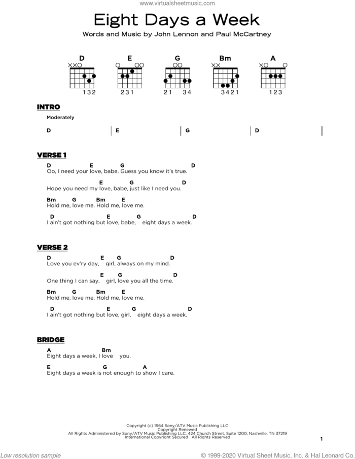 Eight Days A Week sheet music for guitar solo by The Beatles, John Lennon and Paul McCartney, beginner skill level