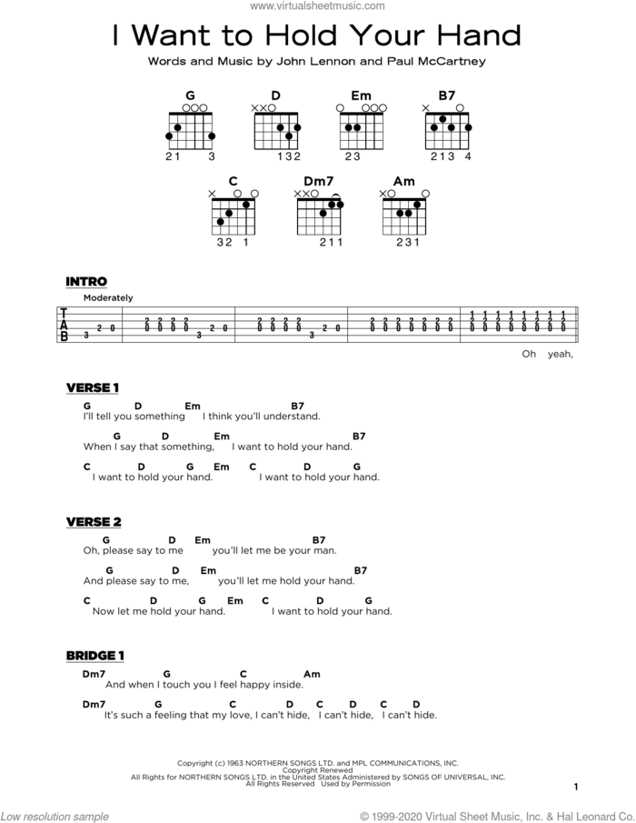 I Want To Hold Your Hand sheet music for guitar solo by The Beatles, John Lennon and Paul McCartney, beginner skill level