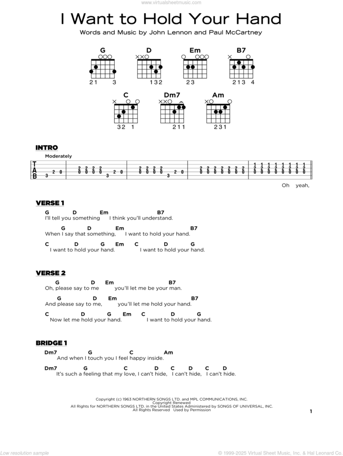 I Want To Hold Your Hand sheet music for guitar solo by The Beatles, John Lennon and Paul McCartney, beginner skill level