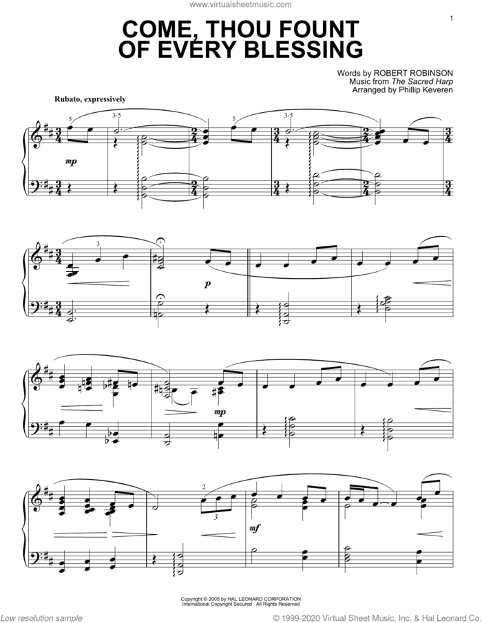 Come, Thou Fount of Every Blessing [Jazz version] (arr. Phillip Keveren) sheet music for piano solo by Robert Robinson, Phillip Keveren and The Sacred Harp, intermediate skill level
