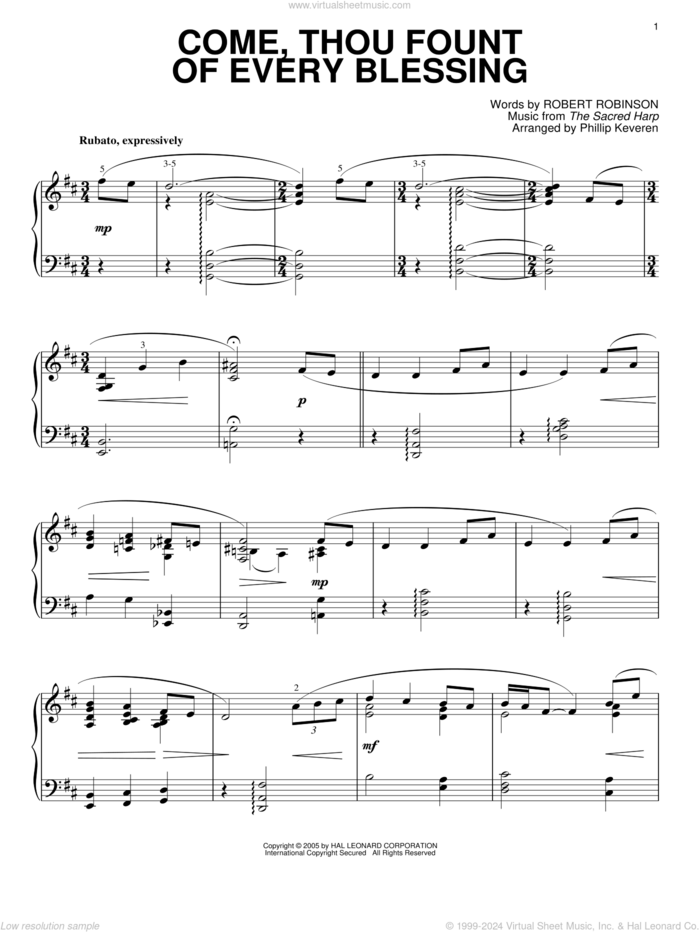 Come, Thou Fount of Every Blessing [Jazz version] (arr. Phillip Keveren) sheet music for piano solo by Robert Robinson, Phillip Keveren and The Sacred Harp, intermediate skill level