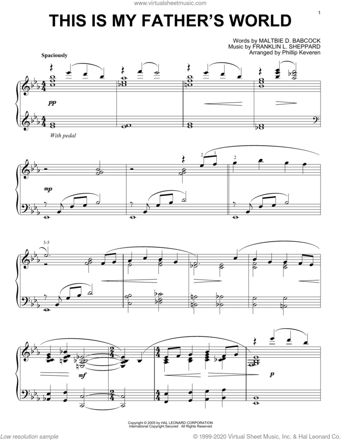 This Is My Father's World [Jazz version] (arr. Phillip Keveren) sheet music for piano solo by Maltbie D. Babcock, Phillip Keveren and Franklin L. Sheppard, intermediate skill level