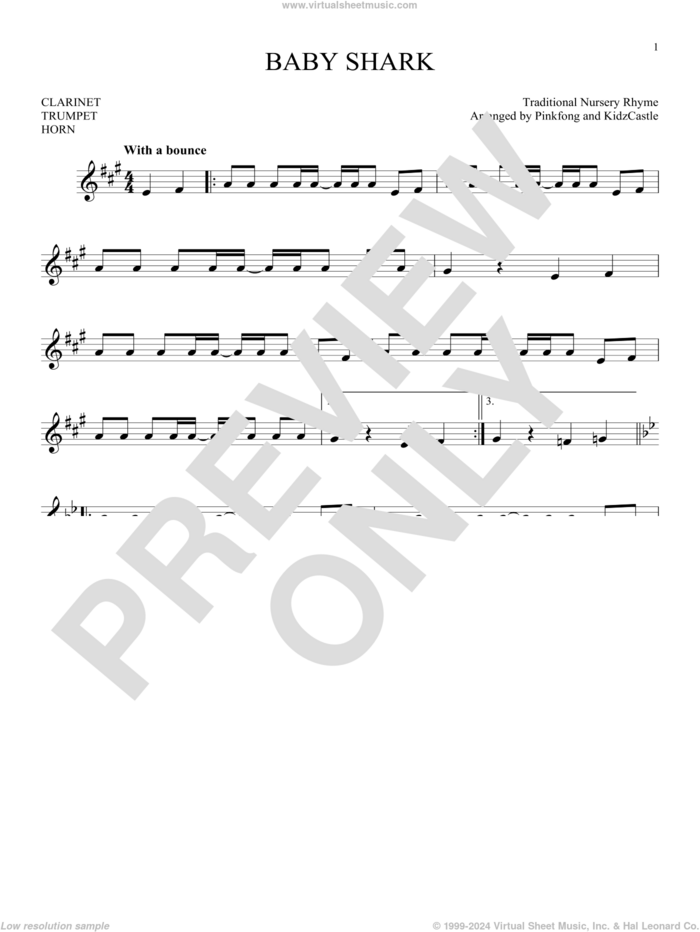 Baby Shark sheet music for Solo Instrument (treble clef low) by Pinkfong, KidzCastle and Traditional Nursery Rhyme, intermediate skill level
