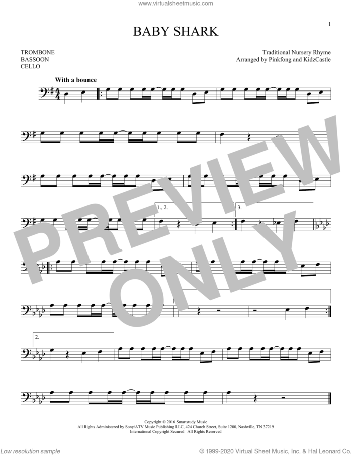 Baby Shark sheet music for Solo Instrument (bass clef) by Pinkfong, KidzCastle and Traditional Nursery Rhyme, intermediate skill level