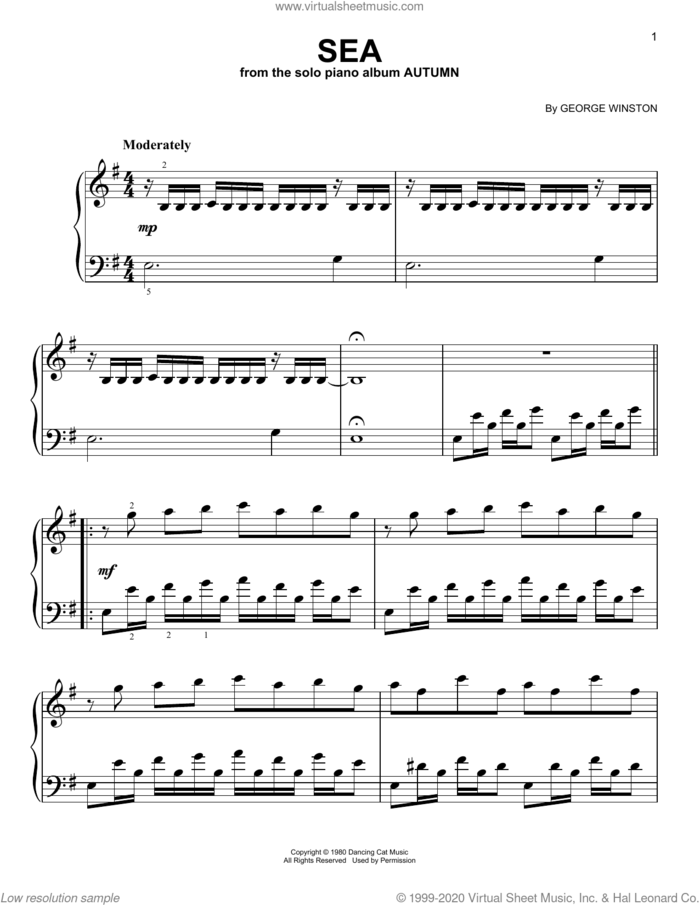 Sea, (easy) sheet music for piano solo by George Winston, easy skill level