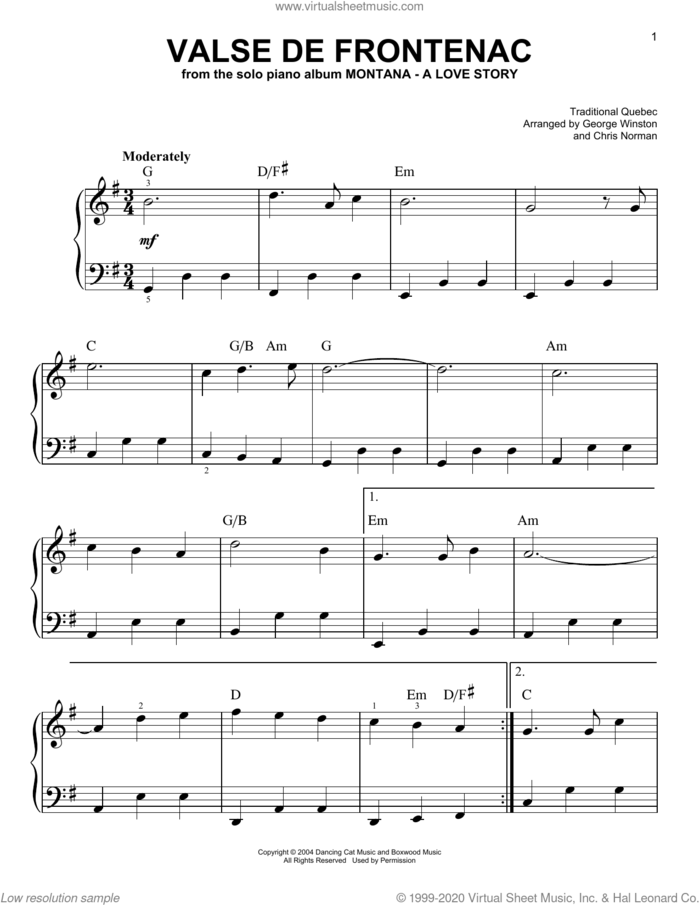 Valse De Frontenac, (easy) sheet music for piano solo by George Winston, Chris Norman (arr.) and Traditional Quebec, easy skill level