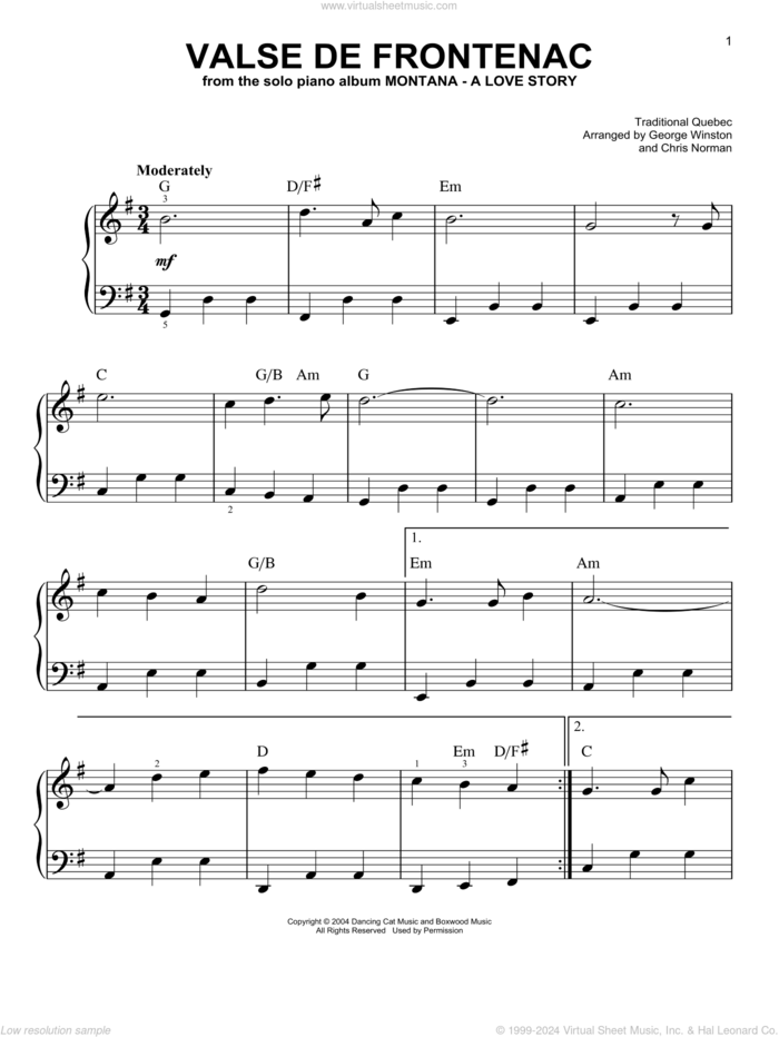 Valse De Frontenac, (easy) sheet music for piano solo by George Winston, Chris Norman (arr.) and Traditional Quebec, easy skill level