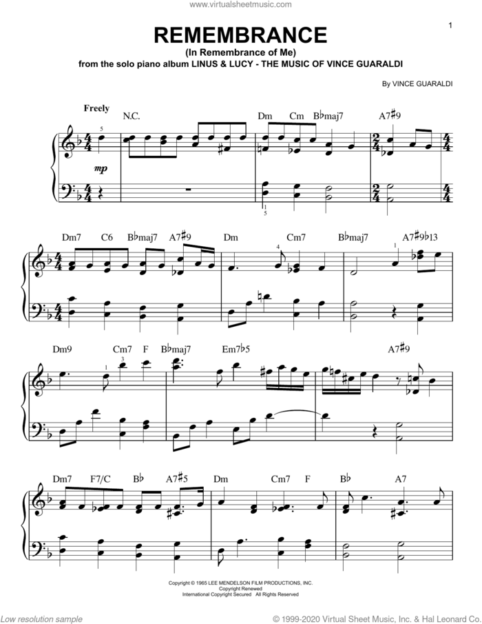 Remembrance (In Remembrance Of Me), (easy) sheet music for piano solo by George Winston and Vince Guaraldi, easy skill level