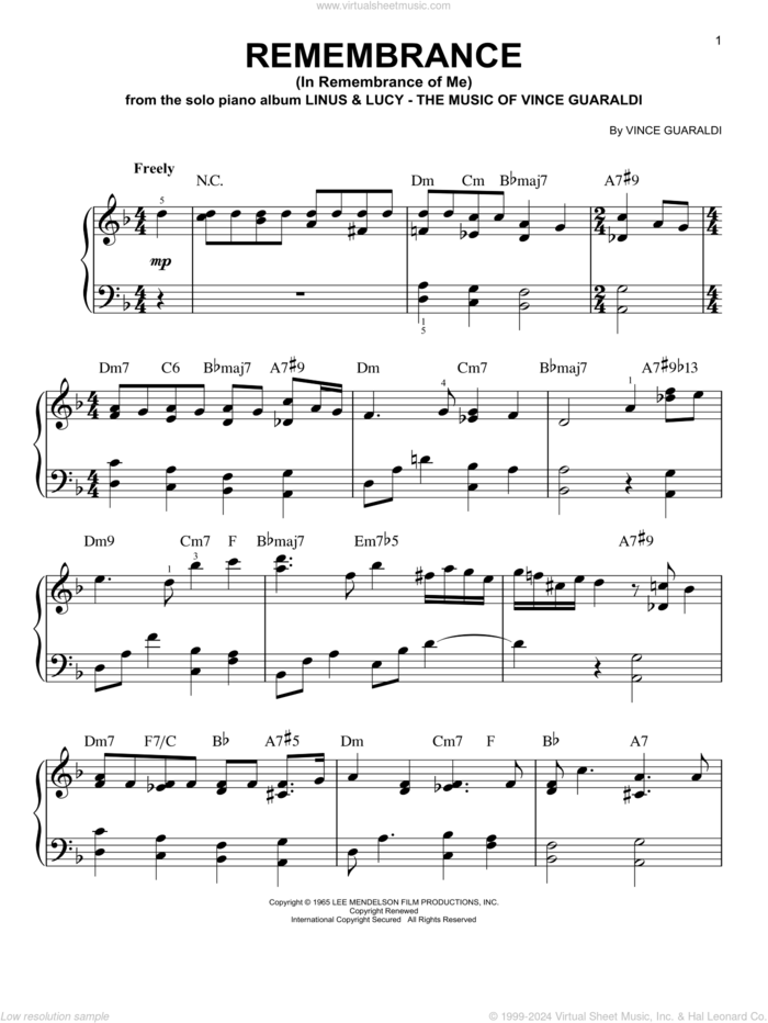 Remembrance (In Remembrance Of Me), (easy) sheet music for piano solo by George Winston and Vince Guaraldi, easy skill level