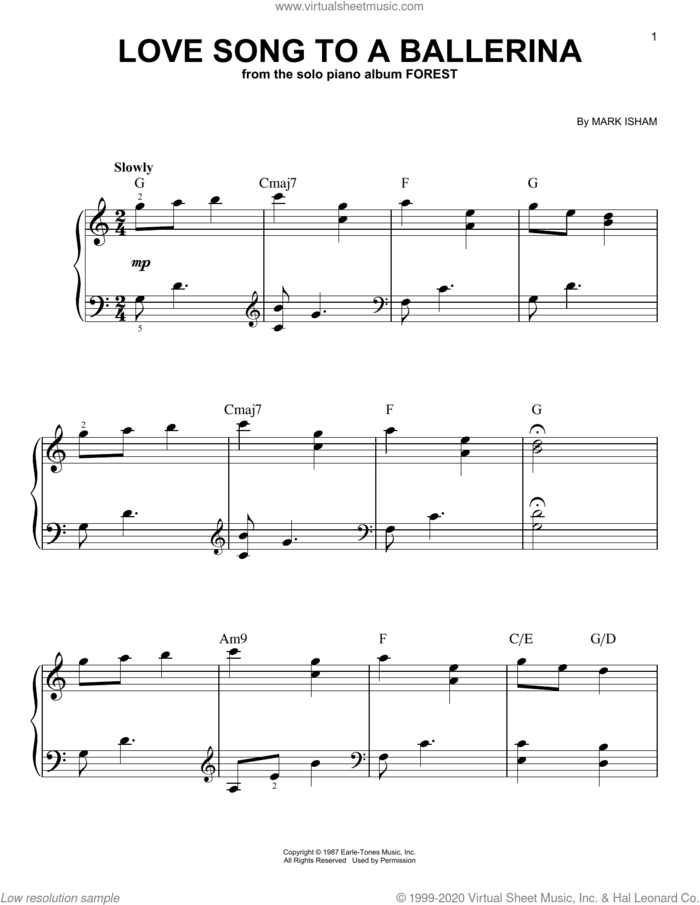 Love Song To A Ballerina, (easy) sheet music for piano solo by George Winston and Mark Isham, easy skill level