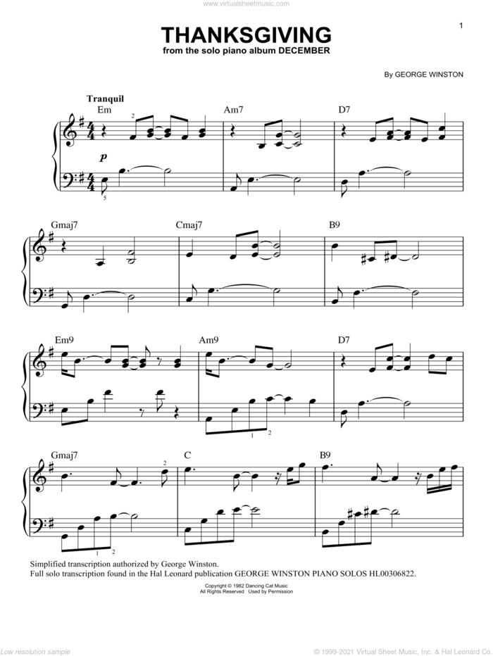 Thanksgiving, (easy) sheet music for piano solo by George Winston, easy skill level