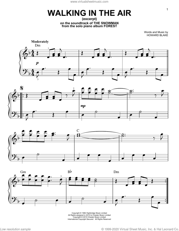 Walking In The Air sheet music for piano solo by George Winston and Howard Blake, classical score, easy skill level