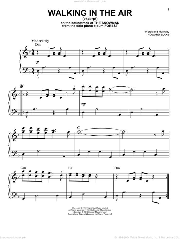 Walking In The Air sheet music for piano solo by George Winston and Howard Blake, classical score, easy skill level