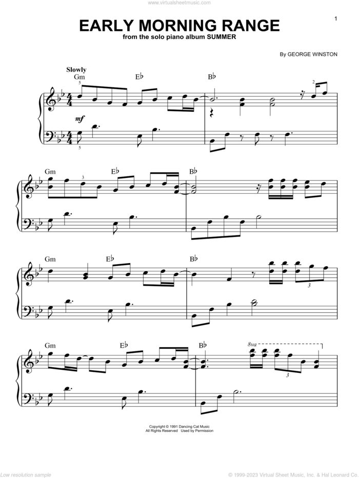 Early Morning Range, (easy) sheet music for piano solo by George Winston, easy skill level