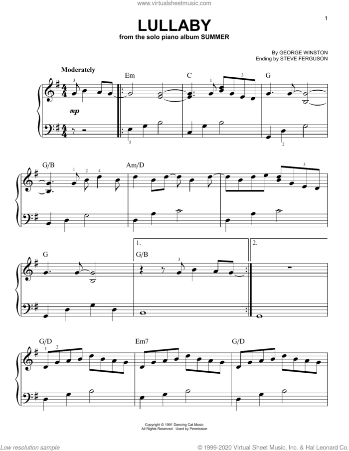 Lullaby, (easy) sheet music for piano solo by George Winston and Steve Ferguson, easy skill level