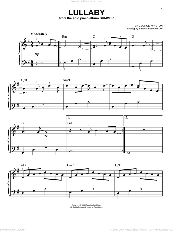 Lullaby, (easy) sheet music for piano solo by George Winston and Steve Ferguson, easy skill level