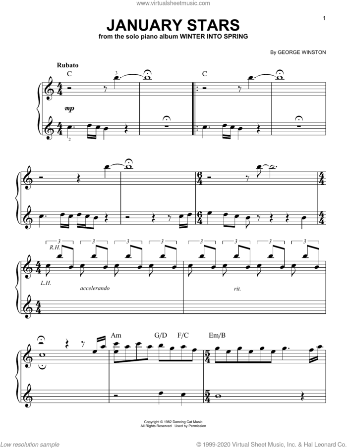 January Stars, (easy) sheet music for piano solo by George Winston, easy skill level