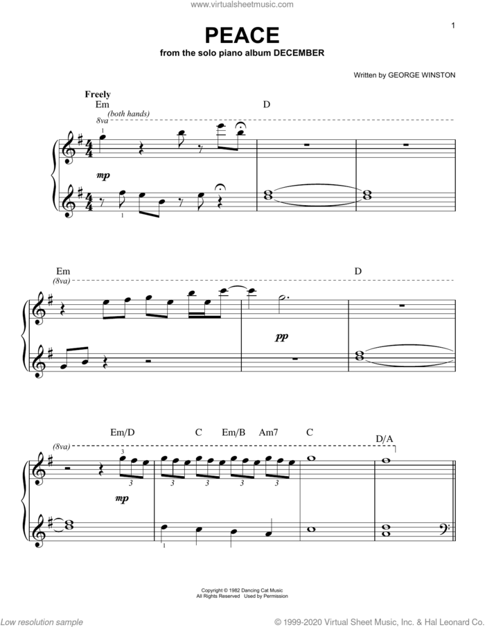 Peace, (easy) sheet music for piano solo by George Winston, easy skill level
