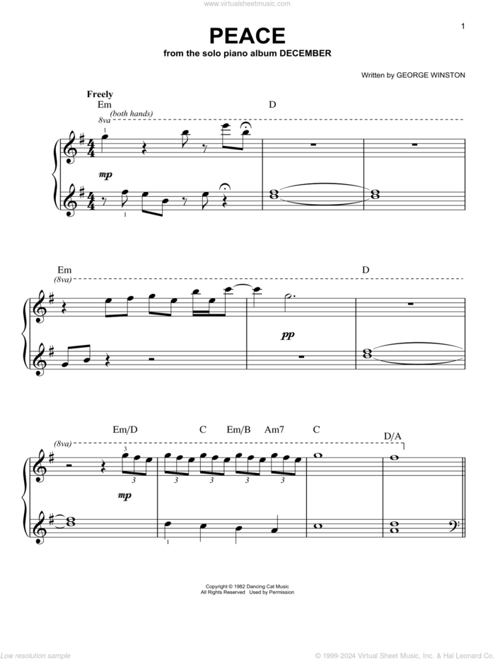 Peace, (easy) sheet music for piano solo by George Winston, easy skill level