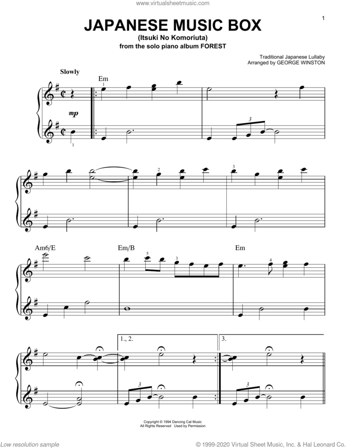 Japanese Music Box (Itsuki No Komoriuta), (easy) sheet music for piano solo by George Winston and Traditional Japanese Lullaby, easy skill level