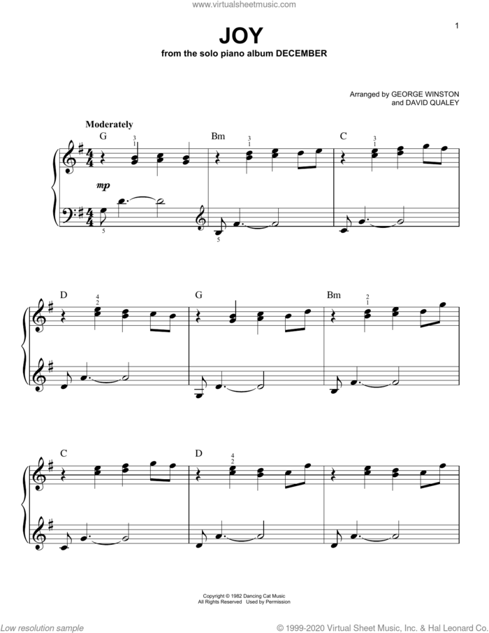 Joy, (easy) sheet music for piano solo by George Winston and David Qualey (arr.), easy skill level