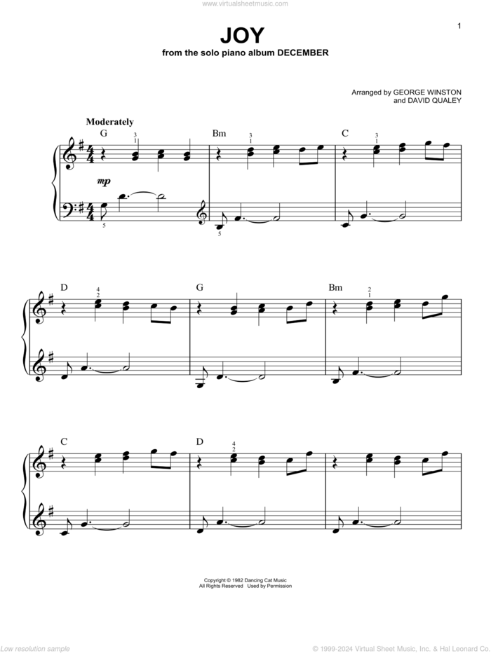 Joy, (easy) sheet music for piano solo by George Winston and David Qualey (arr.), easy skill level