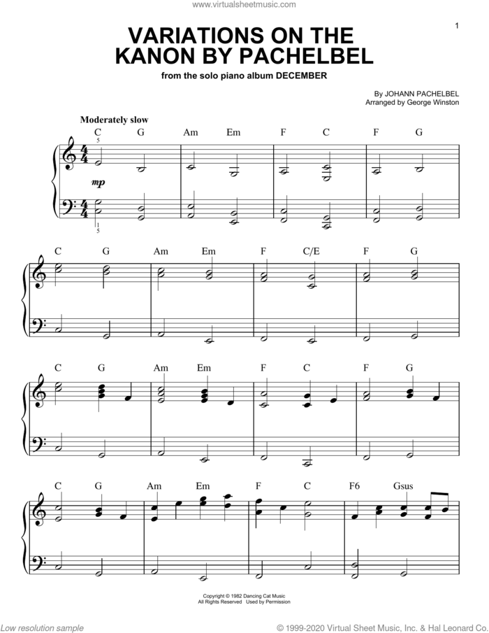 Variations On The Kanon By Pachelbel, (easy) sheet music for piano solo by George Winston and Johann Pachelbel, classical score, easy skill level
