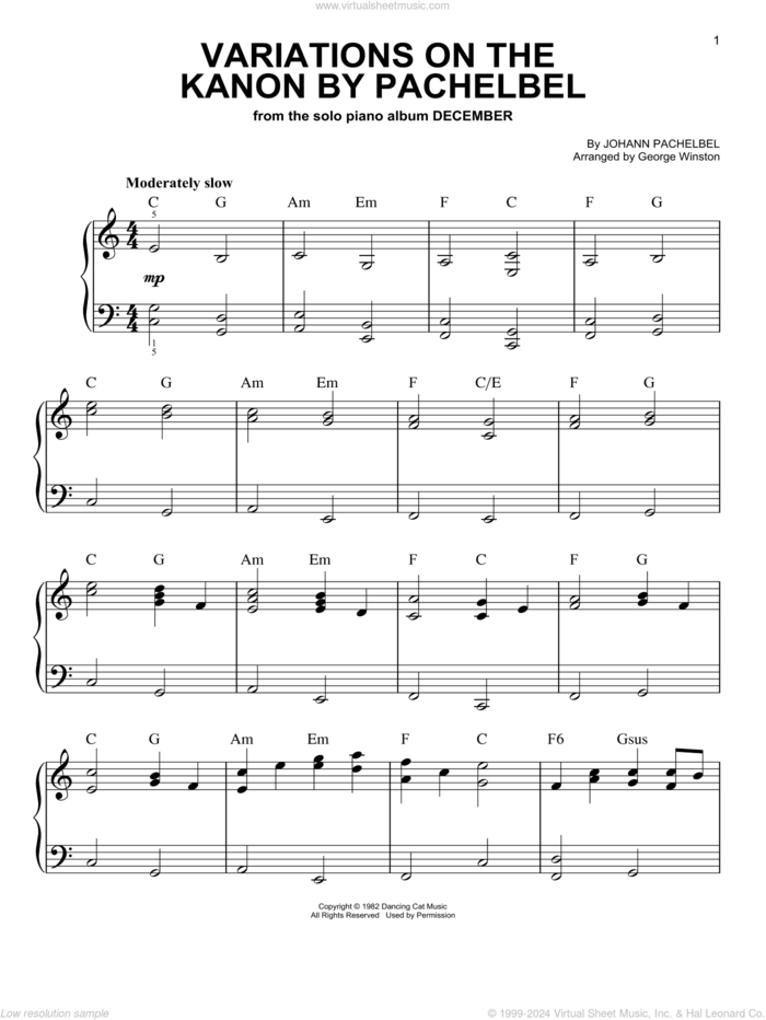 Variations On The Kanon By Pachelbel, (easy) sheet music for piano solo by George Winston and Johann Pachelbel, classical score, easy skill level