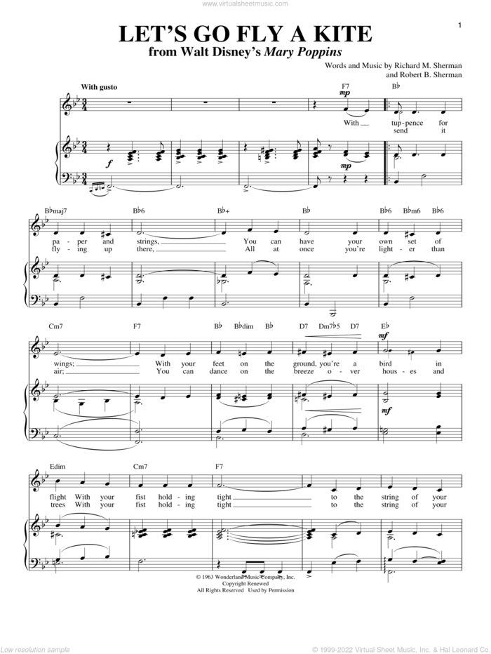 Let's Go Fly A Kite (from Mary Poppins) sheet music for voice and piano by Sherman Brothers, Richard M. Sherman and Robert B. Sherman, intermediate skill level