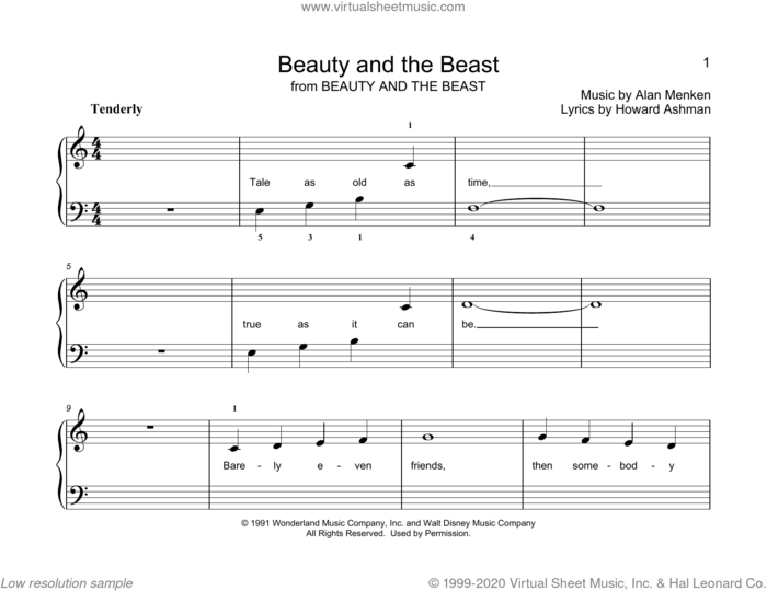 Beauty And The Beast (arr. Christopher Hussey) sheet music for piano solo (elementary) by Alan Menken, Christopher Hussey, Alan Menken & Howard Ashman and Howard Ashman, wedding score, beginner piano (elementary)