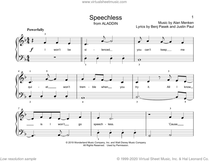 Speechless (from Aladdin) (arr. Christopher Hussey) sheet music for piano solo (elementary) by Alan Menken, Christopher Hussey, Naomi Scott, Benj Pasek and Justin Paul, beginner piano (elementary)