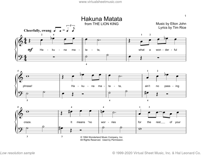 Hakuna Matata (from The Lion King) (arr. Christopher Hussey) sheet music for piano solo (elementary) by Elton John, Christopher Hussey and Tim Rice, beginner piano (elementary)