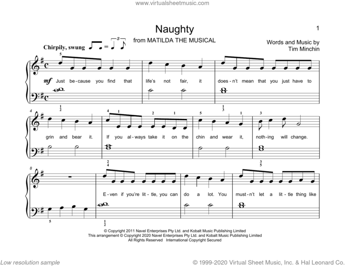 Naughty (from Matilda The Musical) (arr. Christopher Hussey) sheet music for piano solo (elementary) by Tim Minchin and Christopher Hussey, beginner piano (elementary)