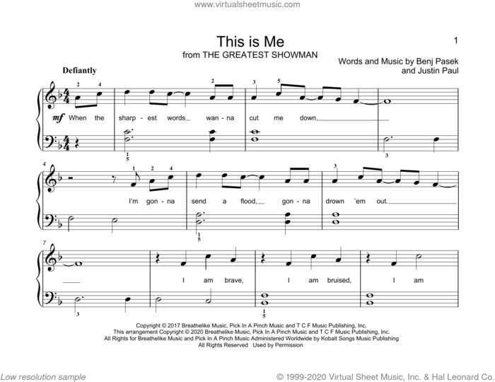 This Is Me (from The Greatest Showman) (arr. Christopher Hussey) sheet music for piano solo (elementary) by Pasek & Paul, Christopher Hussey, Benj Pasek and Justin Paul, beginner piano (elementary)