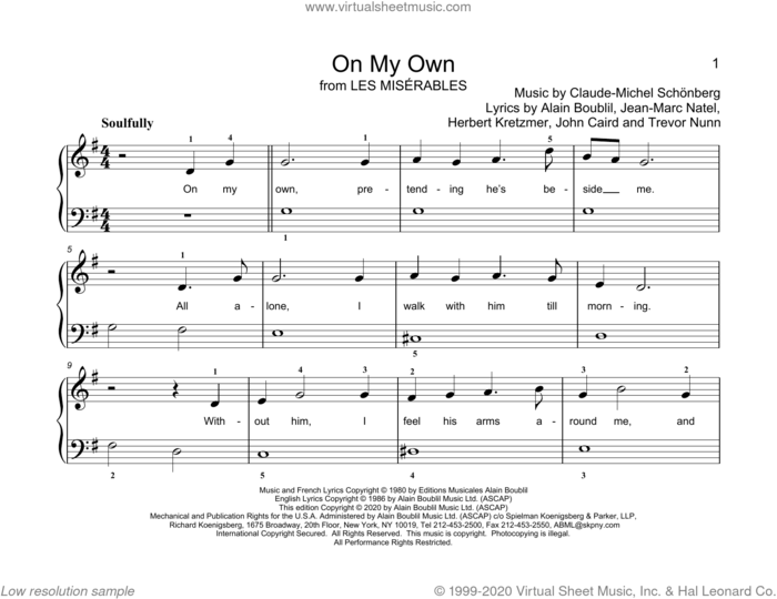 On My Own (from Les Miserables) (arr. Christopher Hussey) sheet music for piano solo (elementary) by Alain Boublil, Christopher Hussey, Alain Boublil & Claude-Michel Schonberg, Claude-Michel Schonberg, Herbert Kretzmer, Jean-Marc Natel, John Caird and Trevor Nunn, beginner piano (elementary)