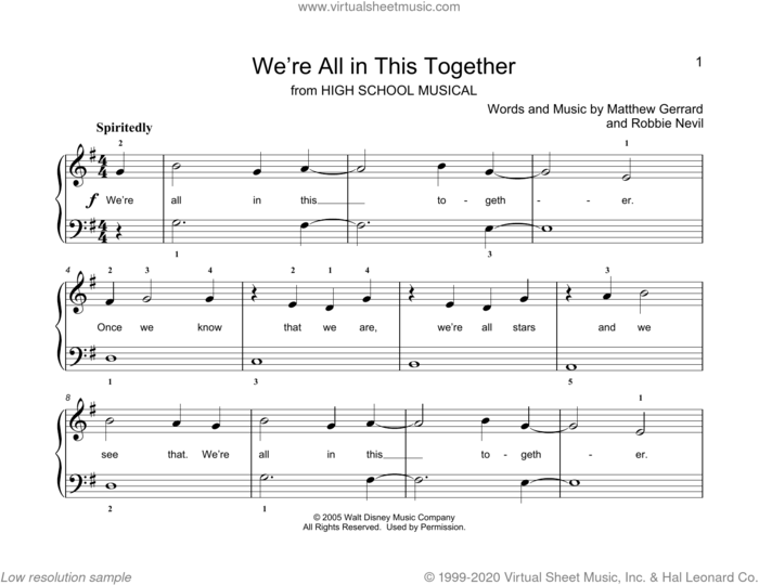 We're All In This Together (from High School Musical) (arr. Christopher Hussey) sheet music for piano solo (elementary) by Matthew Gerrard, Christopher Hussey, High School Musical Cast, Matthew Gerrard & Robbie Nevil and Robbie Nevil, beginner piano (elementary)