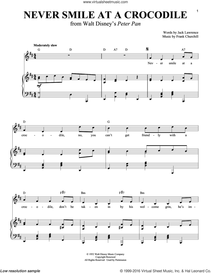 Never Smile At A Crocodile sheet music for voice and piano by Jack Lawrence and Frank Churchill, intermediate skill level